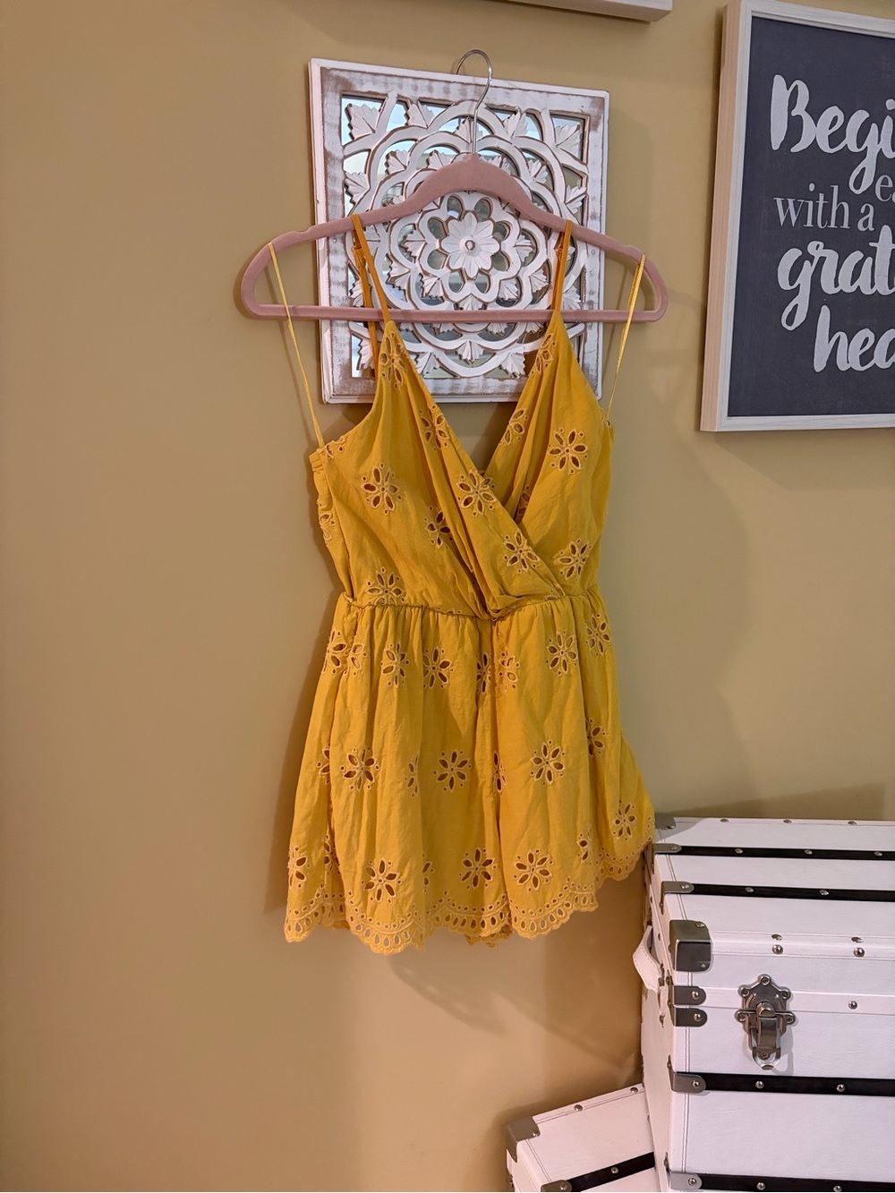 Blue Rain Mustard Eyelet Romper
